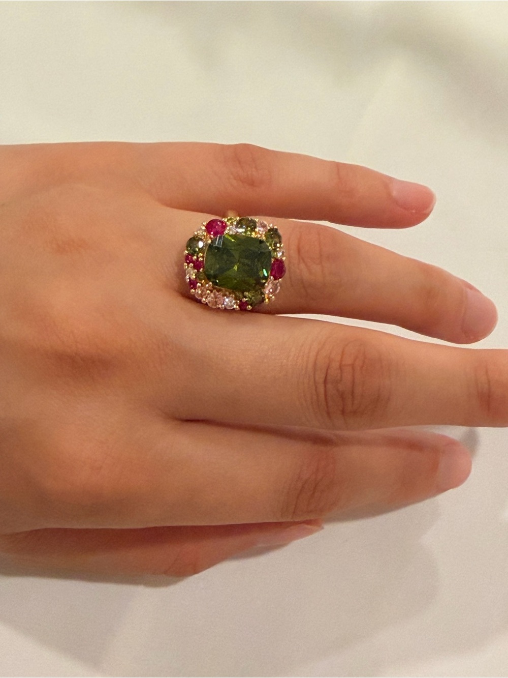 Gold Ring with Olive Green Center and Pink Accents - Picture 9 of 12